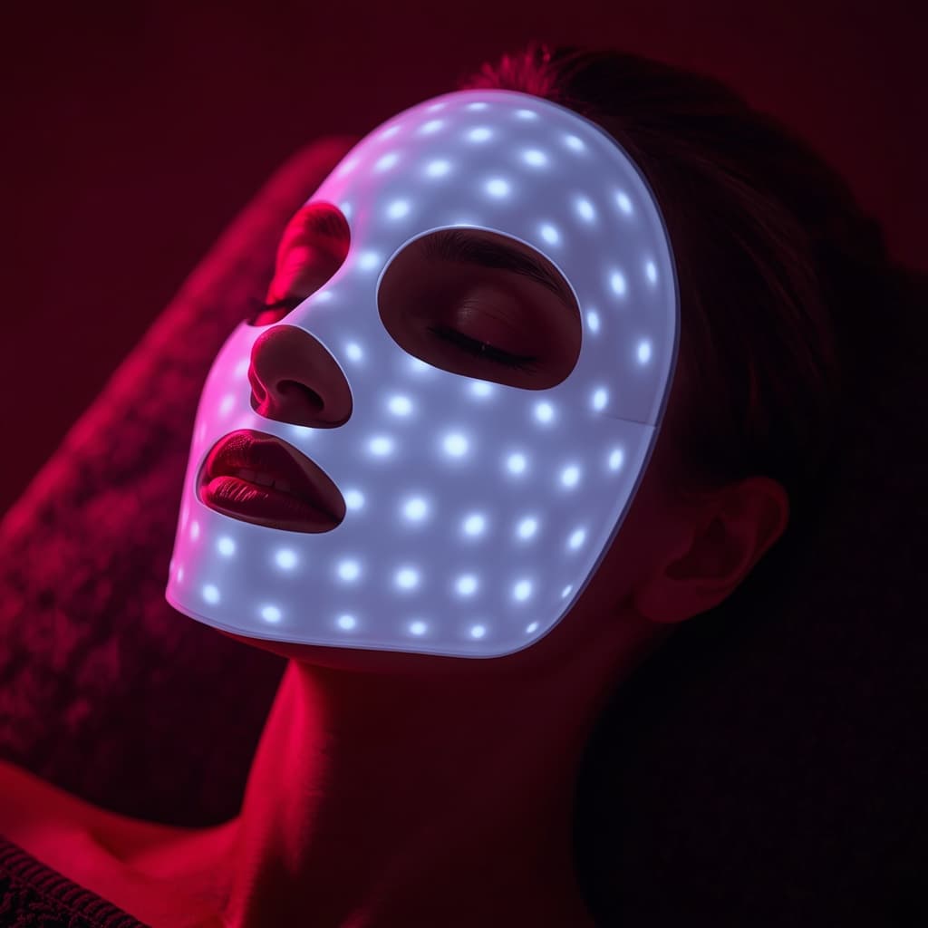 Woman wearing LUX-01 Red Light Face Mask